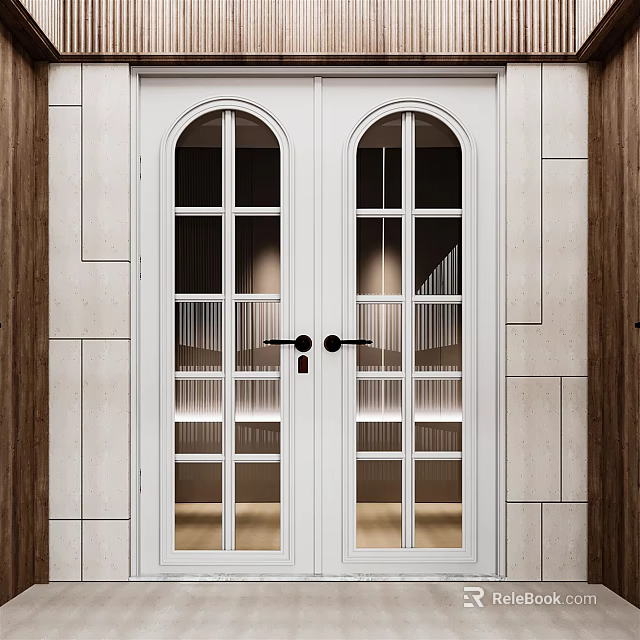 White Double Doors With Black Handles Arched Top Glass Panels And Light Stone Wall 3d model 