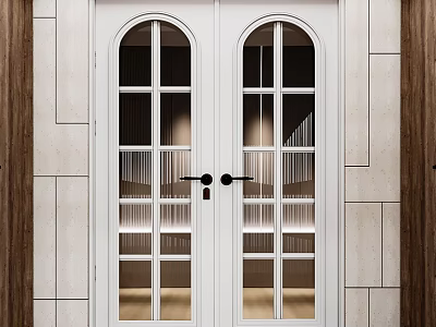 White Double Doors With Black Handles Arched Top Glass Panels And Light Stone Wall 3d model