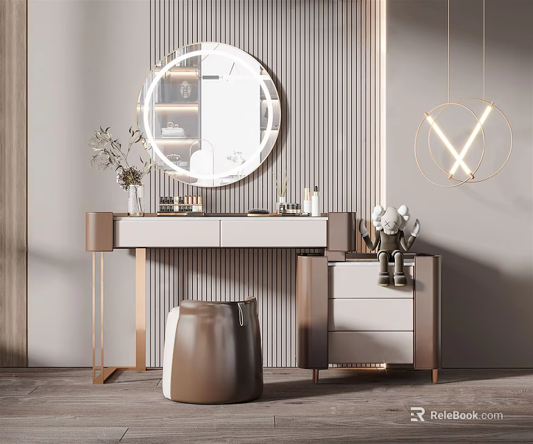 Elegant Modern Dressing Table With Circular Mirror Vertical Striped Wall Stool And Hanging Light 3d model