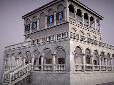 Ancient Architecture With Two Story Arched Doors Balconies Stone Railings And Staircase 3d model