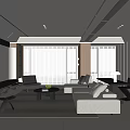 Modern Living Room With White Sofa Black Chair Coffee Table Bookshelf Floor to Ceiling Windows
