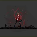 3D Character Model Scene With Shattered Geometric Shapes Red Lines And Stone Platform Base