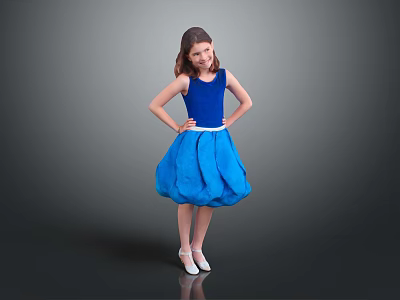 Woman In Blue Sleeveless Dress With Fluffy Skirt And White Shoes Posing In Gray Background 3d model