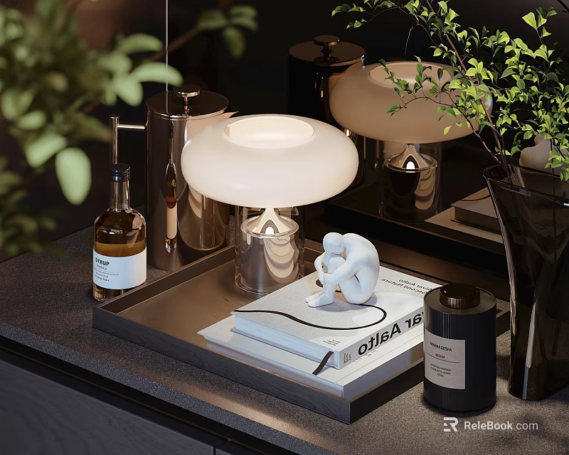 Modern Tabletop Decorative Ornament Set With Lamp Books Scented Bottle Small Figurine And Plants 3d model 