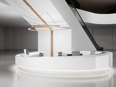 Modern Circular White Reception Desk With Ambient Lighting And Nearby Staircase 3d model
