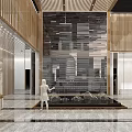 Elegant Modern Hotel Lobby With Wooden Grilles Stone Wall Water Feature And Marble Floor