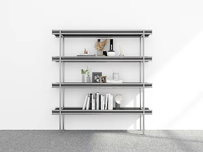 Modern Metal Bookshelf With Multiple Shelves Books Decorative Vase Photo Frame And Ornaments 3d model