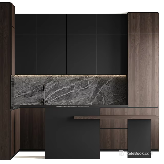 Sleek Modern Kitchen Interior With Black Cabinets Wooden Panels And Marble Countertop 3d model 
