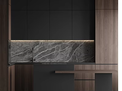 Sleek Modern Kitchen Interior With Black Cabinets Wooden Panels And Marble Countertop 3d model
