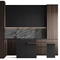 Sleek Modern Kitchen Interior With Black Cabinets Wooden Panels And Marble Countertop