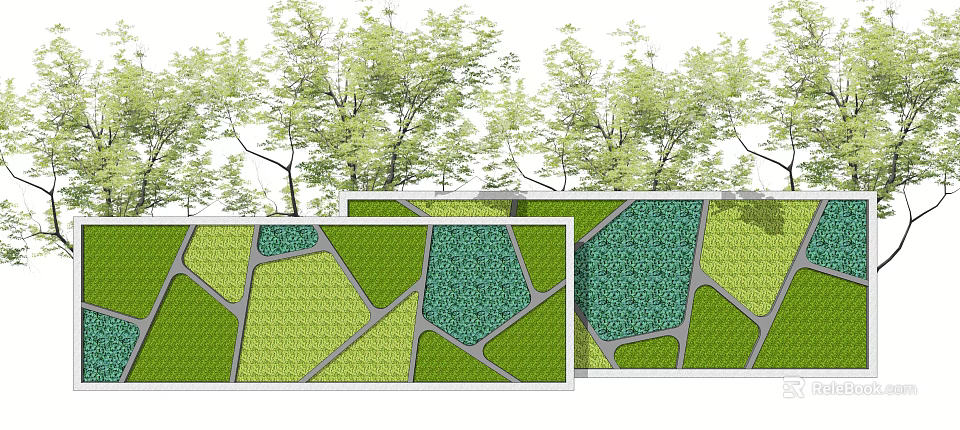 Green Geometric Building Facade Design With Vegetated Patterns And Surrounding Trees 3d model 
