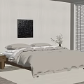 Double Bed with Beige Quilt Pillows Wooden Nightstand Lamp Black Abstract Art Window Blinds