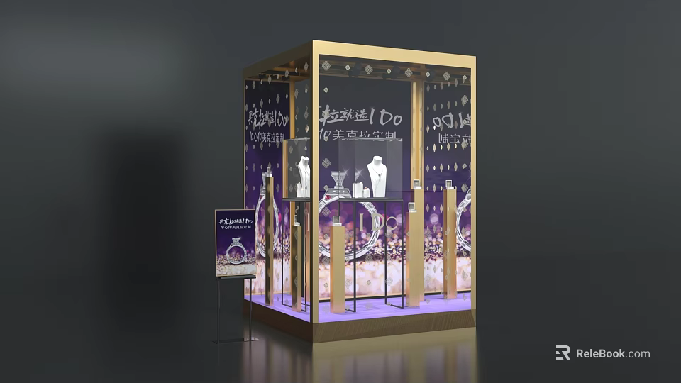 Chanel Jewelry Window Display With Gold Frame Purple Lighting Necklaces And Rings 3d model 