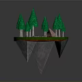 Floating Island Scene With Green Pine Trees And Small Tent On Rocky Base