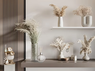 Dried Pampas Grass and Floral Stems in White Vases on Shelves Minimalist Interior Decor 3d model