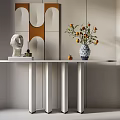 Modern Decorative Console Table with Vase Sculpture and Geometric Wall Art