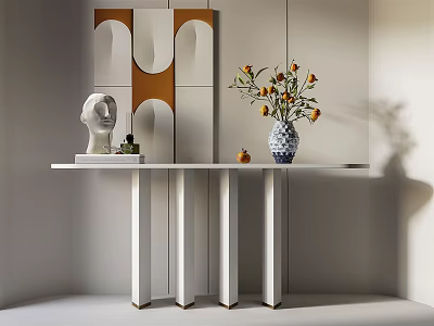 Modern Decorative Console Table with Vase Sculpture and Geometric Wall Art 3d model