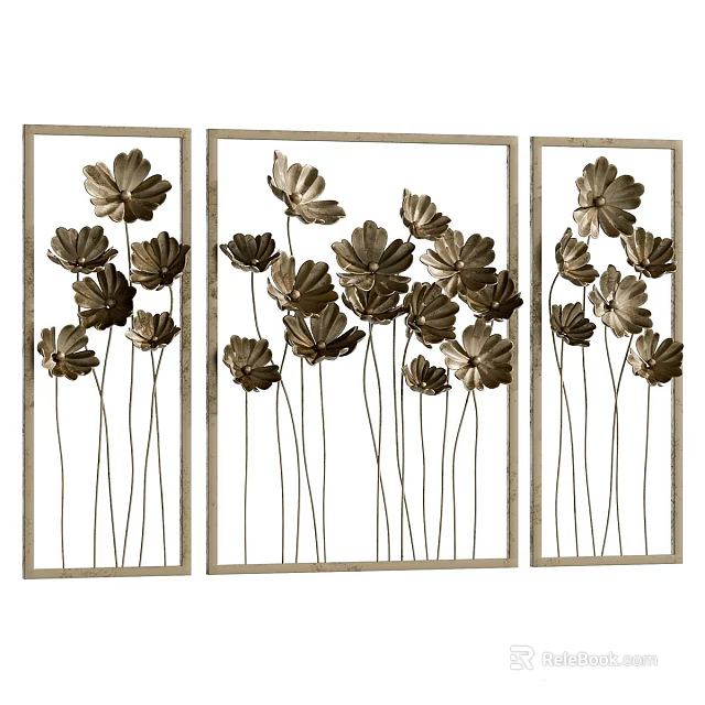 Three Panel Metallic Flower Wall Decor With Beige Frames And Elegant Design 3d model
