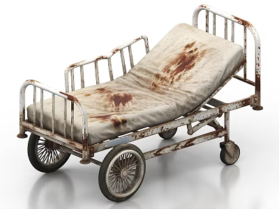Rusted Medical Equipment Hospital Bed With Metal Frame Stained Mattress And Wheels 3d model