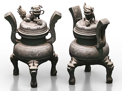 Pair of Traditional Ceramic Vessels With Lion Decorated Lids And Ornate Legs 3d model