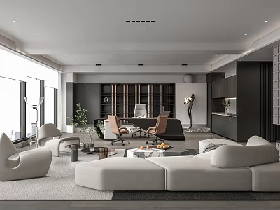 Modern Open Office Interior With Large Windows Sofa Bookshelf Desk And Green Plants 3d model