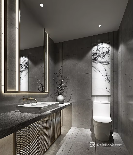 Modern Bathroom Interior With Large Mirror Gray Tiled Walls Marble Countertop Sink And White Toilet 3d model 