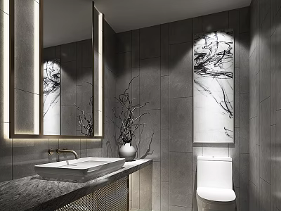 Modern Bathroom Interior With Large Mirror Gray Tiled Walls Marble Countertop Sink And White Toilet 3d model