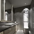 Modern Bathroom Interior With Large Mirror Gray Tiled Walls Marble Countertop Sink And White Toilet