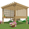Outdoor Wooden Pergola With Lattice Sides Bench And Potted Plants On Green Lawn