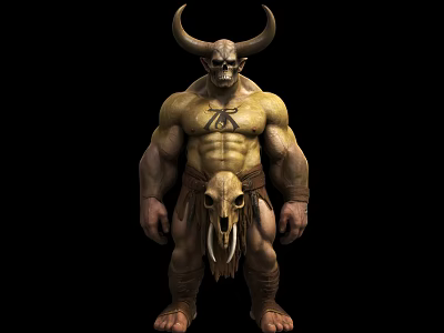 Game And Movie Fantasy Character Horned Muscular Warrior With Skull Decoration Standing Pose 3d model