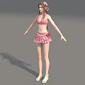 Woman Wearing Pink Bikini And Skirt With Flower Hair White Sandals Arms Outstretched Gray Background
