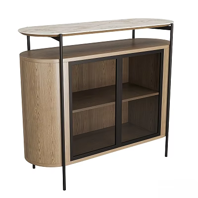 Modern Oak Sideboard With Glass Doors Black Metal Frame And Storage Shelves 3d model