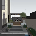 Modern Garden Landscape With Stone Pathway Outdoor Lighting And Covered Seating Area