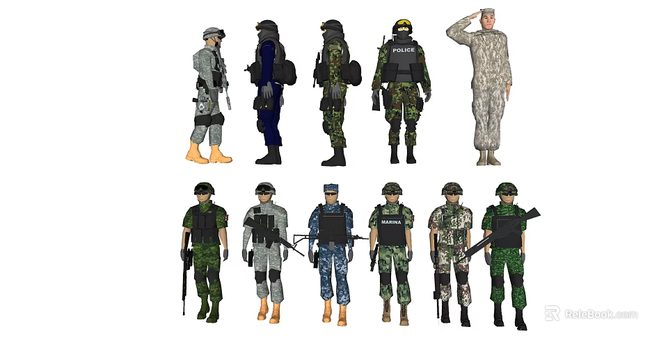 Group of People in Various Uniforms with Military and Police Attire and Equipment 3d model 