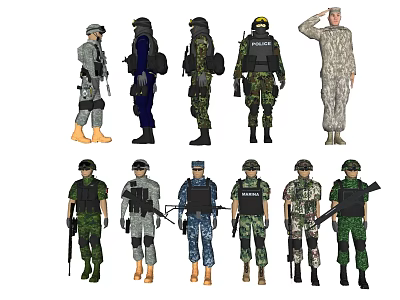 Group of People in Various Uniforms with Military and Police Attire and Equipment 3d model
