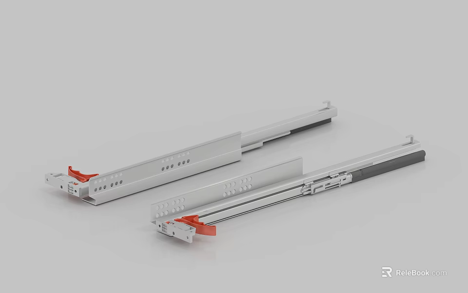 Silver Metal Drawer Slides With Red Components For Furniture Hardware 3d model 