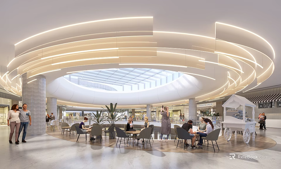 Modern Shopping Mall Lobby With Curved Ceiling Lighting Glass Skylight And People Seating At Tables 3d model 