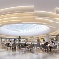 Modern Shopping Mall Lobby With Curved Ceiling Lighting Glass Skylight And People Seating At Tables