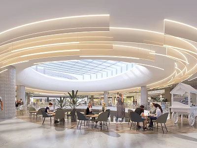 Modern Shopping Mall Lobby With Curved Ceiling Lighting Glass Skylight And People Seating At Tables 3d model