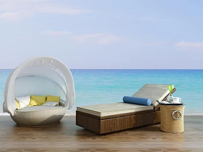 Outdoor White Canopy Rattan Sofa With Beach Ocean View Daybed And Wooden Floor 3d model