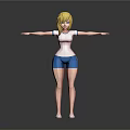 Animated 3D Female Video Game Character With Blonde Hair White Top And Blue Shorts