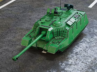 Green Military Tank Vehicle With Long Cannon And Armored Body On Road 3d model