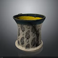 Decorative Ceramic Container With Yellow Inner Teal Rim White Base And Black Mushroom Patterns