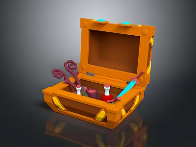 Open Orange Treasure Chest With Curved Keys Red Potion Blue Dagger And Tools 3d model