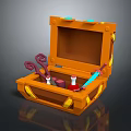Open Orange Treasure Chest With Curved Keys Red Potion Blue Dagger And Tools