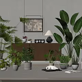 Elegant Potted Plants With Large Leafy Greenery Wooden Cabinet Lamp And Artwork In Interior Decor