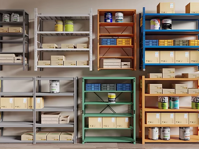 Multicolored Display Shelves Arranged With Cardboard Boxes And Paint Cans In Storage 3d model
