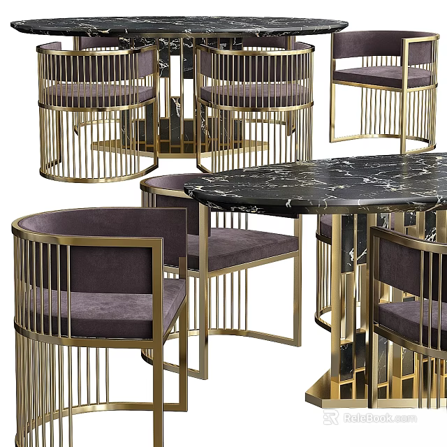 Dining Table and Chair Set with Black Marble Tabletop Gold Metal Frame and Purple Upholstery 3d model 