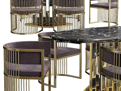 Dining Table and Chair Set with Black Marble Tabletop Gold Metal Frame and Purple Upholstery 3d model