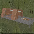 Wooden Garden Pavilion On Grassland With Deck Benches And Railing Surrounded By Trees